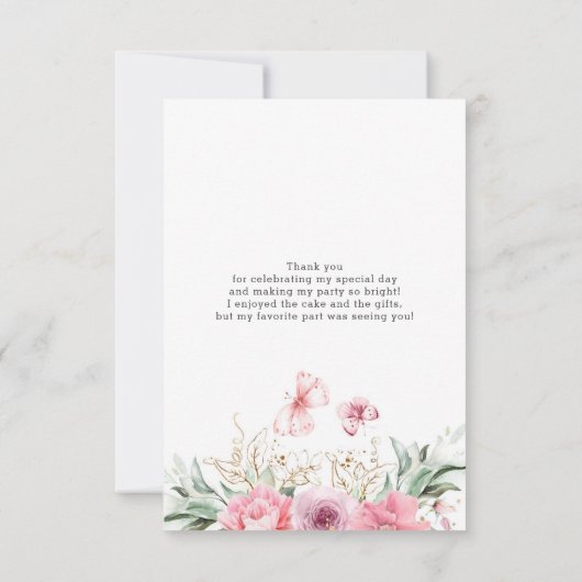 Roze Bloemen Schattige Gouden Verjaardag Dank u Bedankkaart (Achterkant)