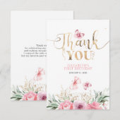 Roze Bloemen Schattige Gouden Verjaardag Dank u Bedankkaart (Voorkant / Achterkant)