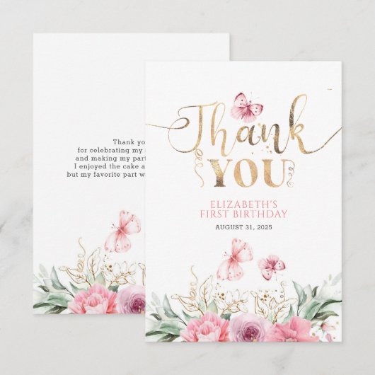 Roze Bloemen Schattige Gouden Verjaardag Dank u Bedankkaart (Voorkant / Achterkant)