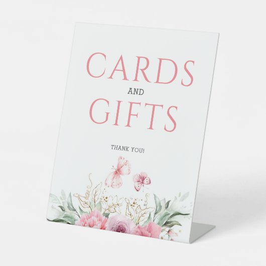 Roze Bloemen Schattige Gouden Verjaardag Kaart en  Reclamebord Met Voetstuk (Voorkant)