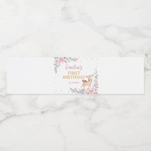 Roze Bloemen Schattige Herten Verjaardag Water Bot Waterfles Etiket (Enkel label)