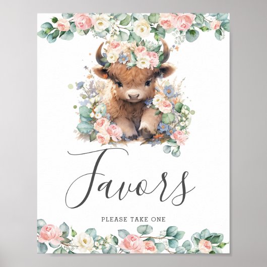 Roze Bloemen Schattige Highland Koe Baby shower Fa Poster (Voorkant)