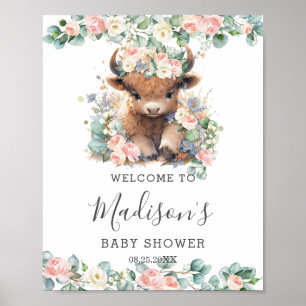 Roze Bloemen Schattige Highland Koe Baby shower We Poster