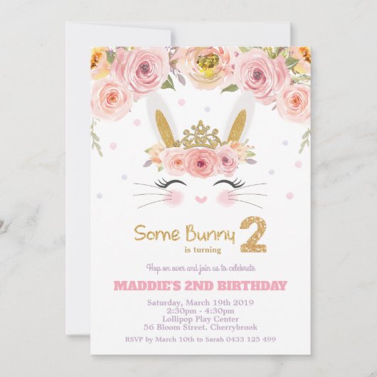 Roze Bloemen Schattige Konijn Konijn 2e Tweede Ver Kaart (Voorkant)