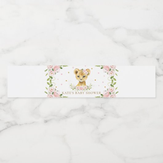Roze Bloemen Schattige Leeuwenwelpje Baby shower 1 Waterfles Etiket (Enkel label)