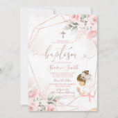 Roze Bloemen Schattige Meisje Bidden Doop Kaart (Voorkant)