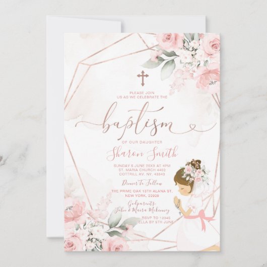 Roze Bloemen Schattige Meisje Bidden Doop Kaart (Voorkant)