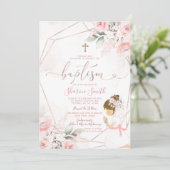 Roze Bloemen Schattige Meisje Bidden Doop Kaart (Staand voorkant)