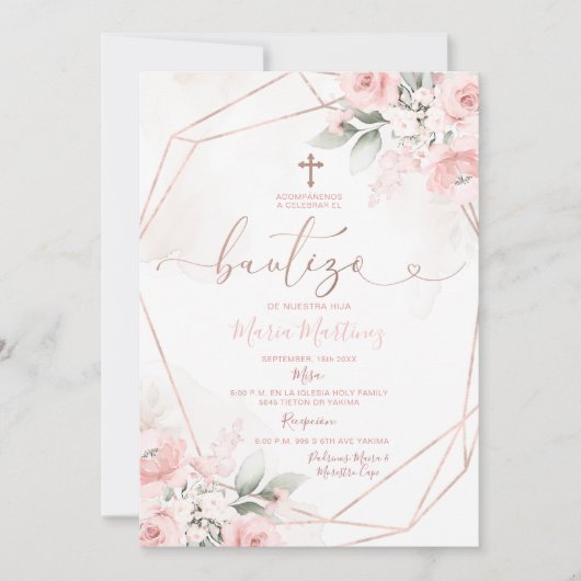 Roze Bloemen Schattige Meisje Spaans Bautizo Chris Kaart (Voorkant)