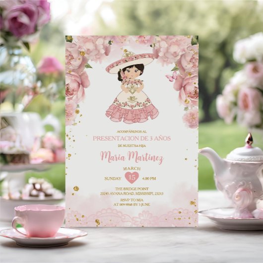 Roze bloemen Schattige Niña Presentación de Tres A Kaart