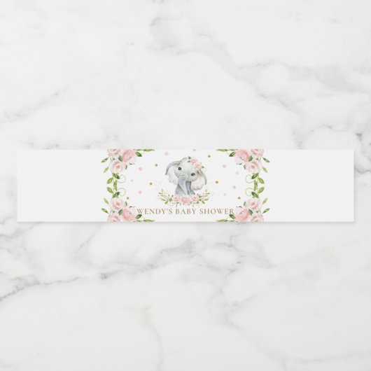 Roze Bloemen Schattige Olifant Baby shower 1e Verj Waterfles Etiket (Enkel label)