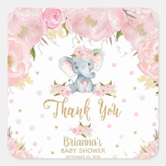 Roze Bloemen Schattige Olifant Baby shower Sticker (Voorkant)