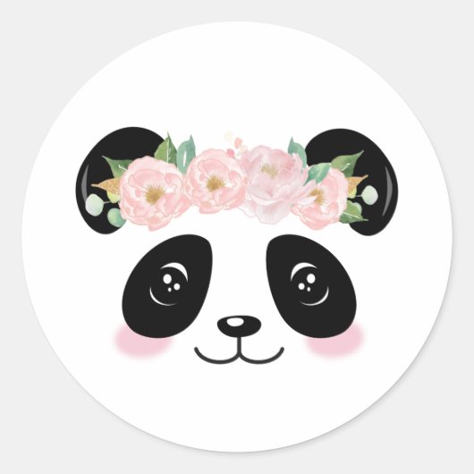 Roze Bloemen Schattige Panda Verjaardagsfeestje Fa Ronde Sticker (Voorkant)