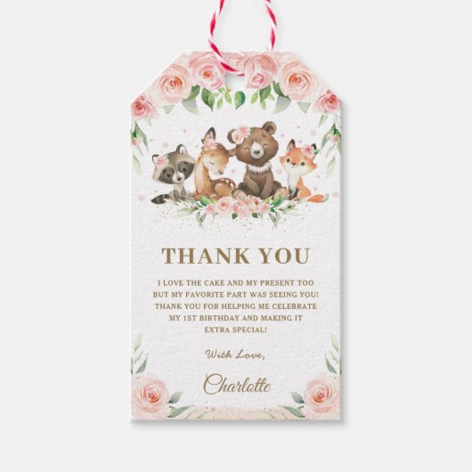 Roze Bloemen Schattige Woodland Animals Verjaardag Cadeaulabel (Voorkant)