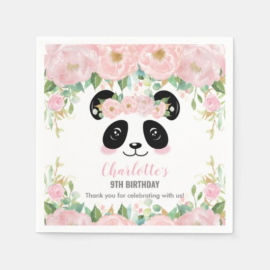 Roze Bloemen Schattigee Panda Verjaardag Baby Part Servet (Voorkant)