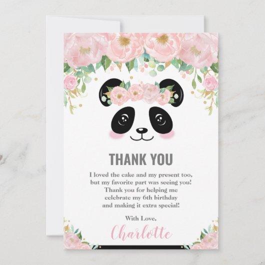 Roze Bloemen Schattigee Panda Verjaardag Dank u ka Kaart (Voorkant)