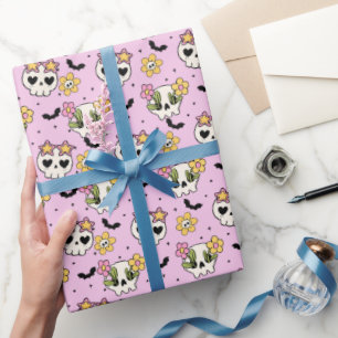 Roze Bloemen Schedel en Vleermuizen Girly Hallowee Cadeaupapier