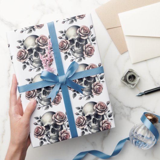 Roze Bloemen Schedel Gotische Zwarte Lijn Kunst Cadeaupapier (Geschenken)