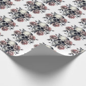 Roze Bloemen Schedel Gotische Zwarte Lijn Kunst Cadeaupapier (Hoek)