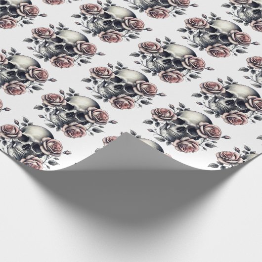 Roze Bloemen Schedel Gotische Zwarte Lijn Kunst Cadeaupapier (Hoek)