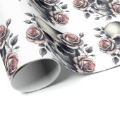 Roze Bloemen Schedel Gotische Zwarte Lijn Kunst Cadeaupapier (Rol Hoek)