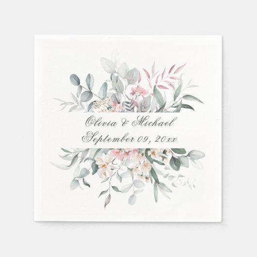 Roze Bloemen Script Naam Bruiloft servetten (Voorkant)