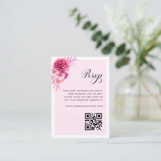 Roze Bloemen Script QR Code Eenvoudige Huwelijk RS Informatiekaartje (Staand voorkant)
