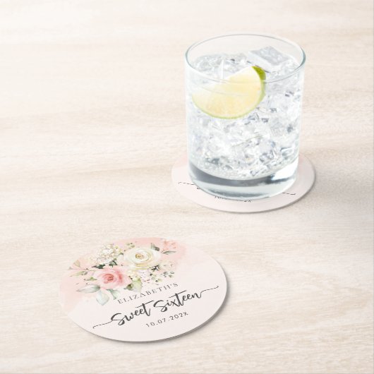 Roze Bloemen Script Sweet 16 Verjaardagsfeest Ronde Kartonnen Onderzetter (Insitu)