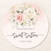 Roze Bloemen Script Sweet 16 Verjaardagsfeest Ronde Kartonnen Onderzetter (Voorkant)