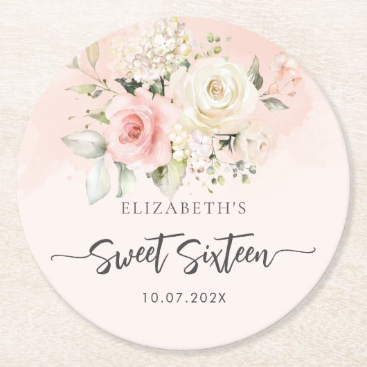 Roze Bloemen Script Sweet 16 Verjaardagsfeest Ronde Kartonnen Onderzetter (Voorkant)