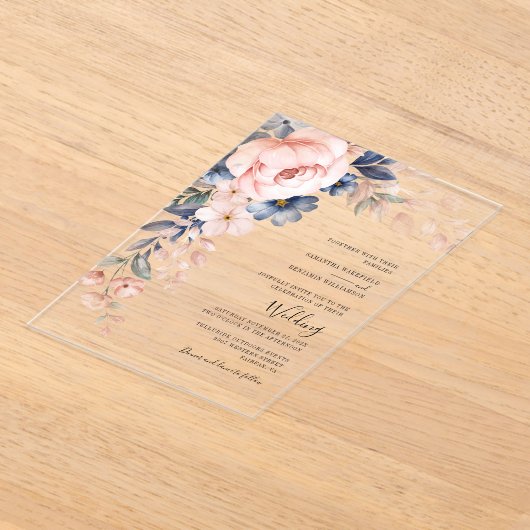 Roze Bloemen Script Waterverf bruiloft Acryl Uitnodigingen (Laagn)