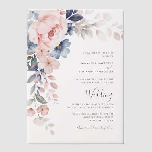 Roze Bloemen Script Waterverf bruiloft Vellum Uitnodigingen (Voorkant)