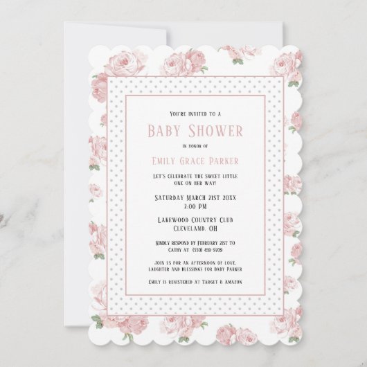 Roze Bloemen Shabby Chic  Baby Meisje Douche Kaart (Voorkant)