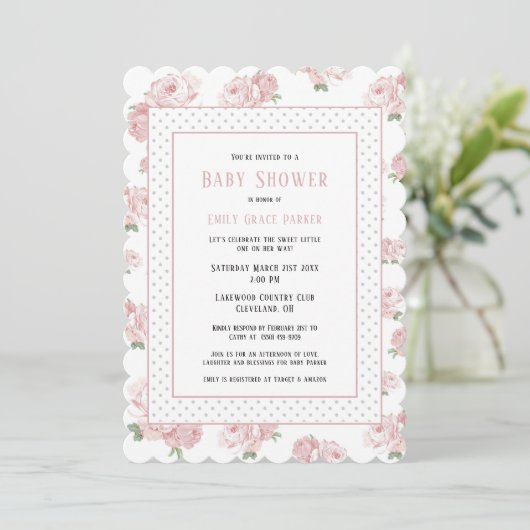 Roze Bloemen Shabby Chic  Baby Meisje Douche Kaart (Staand voorkant)