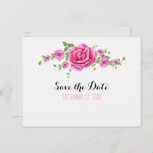 Roze Bloemen Shabby Chic Save The Date Verloving Briefkaart (Voorkant / Achterkant)