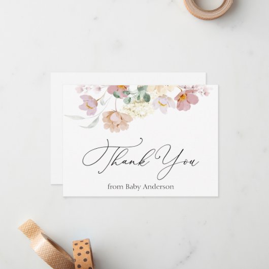 Roze bloemen Shower Dank je Kaart Notitiekaartje (Voorkant / Achterkant in situ)