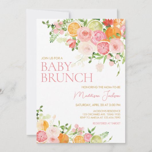 Roze Bloemen Sinaasappel Citrus Baby shower Kaart (Voorkant)