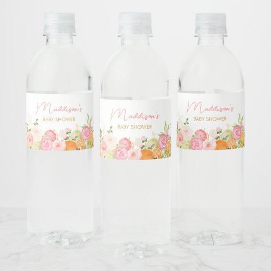 Roze Bloemen Sinaasappel Citrus Waterfles Etiket (Flessen)