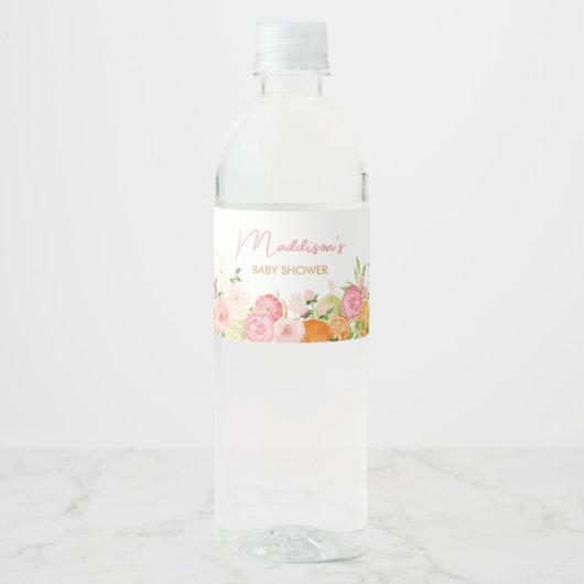 Roze Bloemen Sinaasappel Citrus Waterfles Etiket (Voorkant)