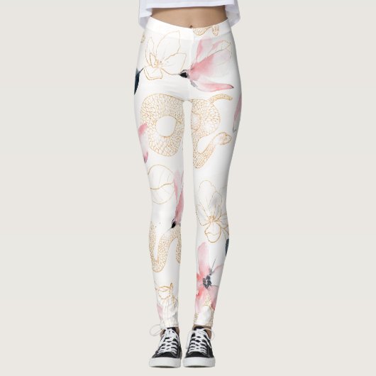 Roze bloemen slangenpatroon leggings (Voorkant)