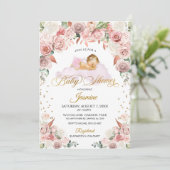 Roze Bloemen Slapen Baby shower Uitnodiging (Staand voorkant)