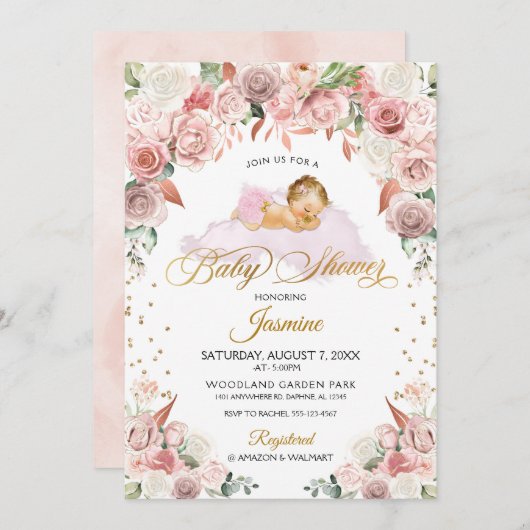 Roze Bloemen Slapen Baby shower Uitnodiging (Voorkant / Achterkant)
