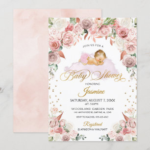 Roze Bloemen Slapen Baby shower Uitnodiging