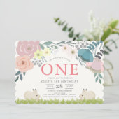 Roze Bloemen Sommige Bunny Girl 1e Verjaardag Kaart (Staand voorkant)