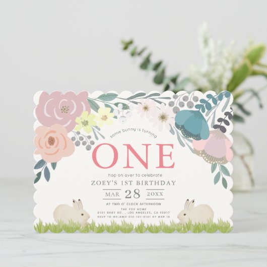 Roze Bloemen Sommige Bunny Girl 1e Verjaardag Kaart (Staand voorkant)