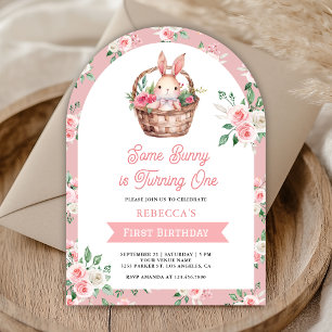 Roze Bloemen Sommige Bunny Wordt Een 1E Verjaardag Kaart