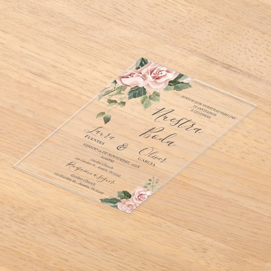 Roze Bloemen Spaans Bruiloft Acryl Uitnodigingen (Laagn)
