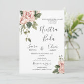 Roze Bloemen Spaans Bruiloft Kaart (Staand voorkant)