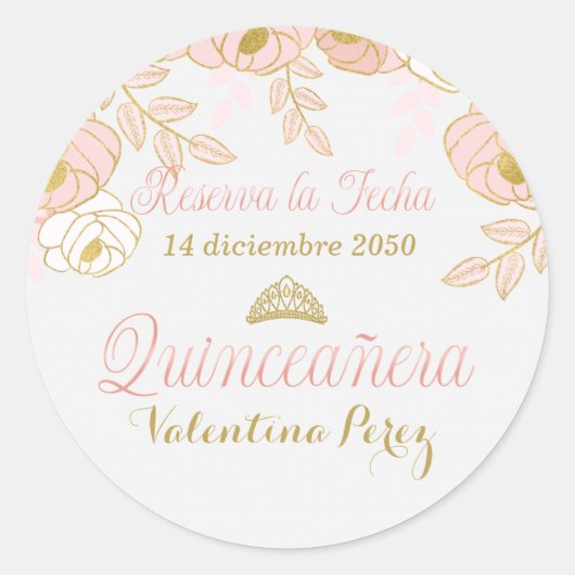 Roze Bloemen Spaans Quinceanera Reserva la Fecha Ronde Sticker (Voorkant)