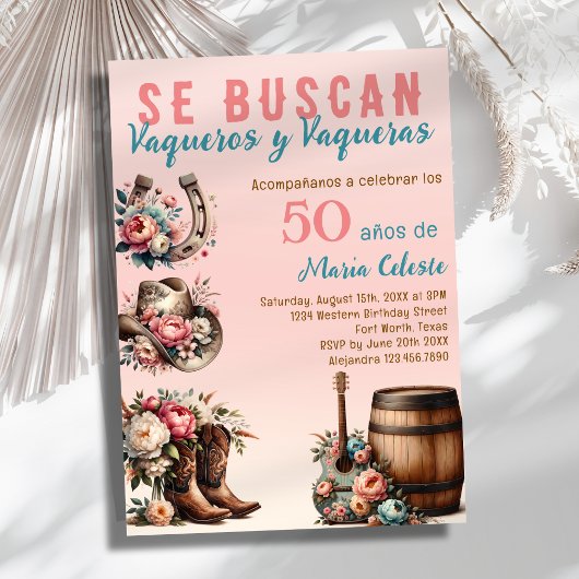 Roze Bloemen Spaans Western Cowboy 50ste verjaarda Kaart